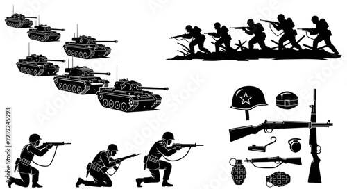 Military soldiers and tanks in battle scene illustration.