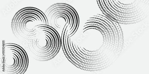 Abstract spiral halftone pattern made of black dots and curved lines, radial circular motion effect