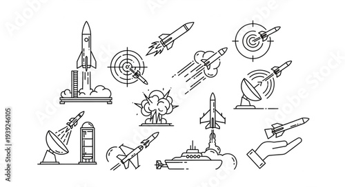 Collection of rocket and missile launch icons and symbols.