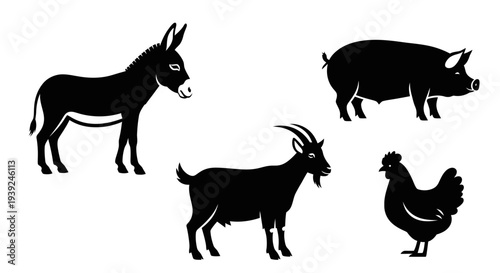 Farm Animals Silhouettes: Donkey, Pig, Goat, and Chicken Vector Icons
