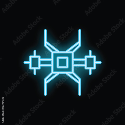 Neon blue quadcopter drone icon is glowing on a black background