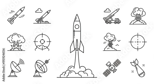 Collection of military and space icons in outline style.