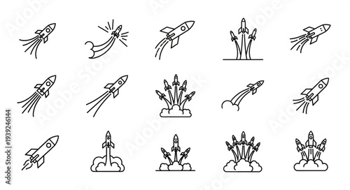 Collection of hand drawn rocket ship icons for space exploration.