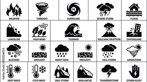 Collection of various weather and natural disaster icons in black and white