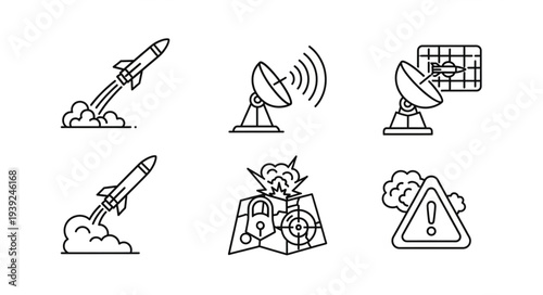 Collection of military and technology icons in a line art style.