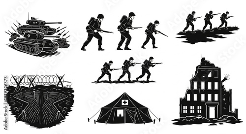 Collection of military combat and war scene illustrations.