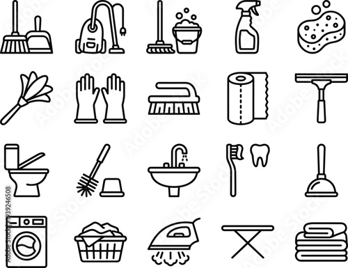 A set of line icons depicting various cleaning tools and household items