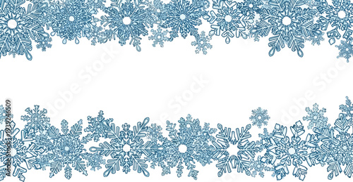 Elegant icy snowflakes border illustration in blue on a white background, perfect for winter holidays and festive designs