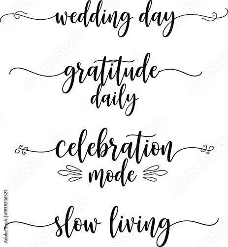 Elegant calligraphy showcasing themes of celebration, gratitude, and lifestyle