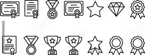 Collection of various award icons and symbols in line art style for recognition and achievement