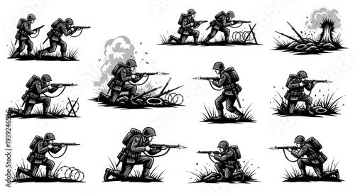 World War Two Soldiers in Combat Poses Illustration.