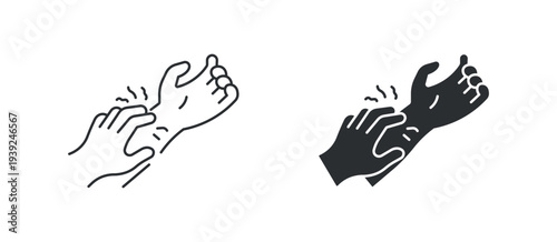 Hand itching skin irritation allergy symptom icon set, in outline and solid silhouette style. Vector illustration.