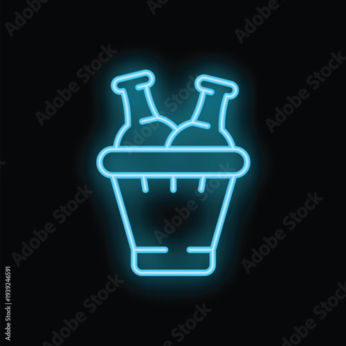 Bright blue neon icon of champagne bottles chilling in an ice bucket on a black background