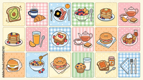 Colorful breakfast food icons on various patterned backgrounds with plates and utensils