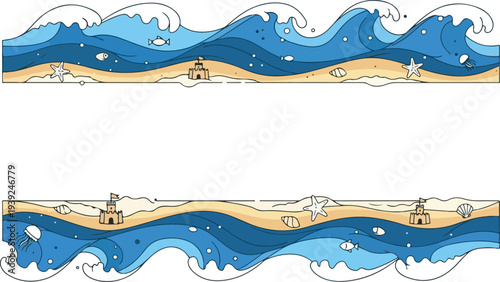 Ocean waves and sandy beach with seashells and sandcastles, a perfect summer holiday or beach vacation illustration