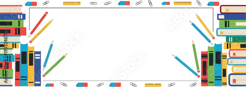 Blank educational border frame with colorful books and pencils for learning and creativity