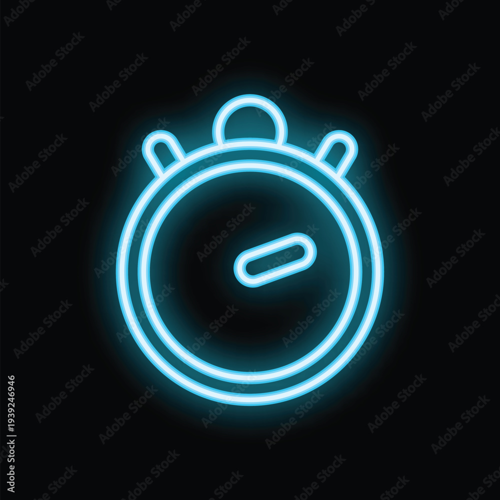 Obraz premium Bright blue neon stopwatch icon glowing on a dark background, representing time management, deadline, and countdown concepts