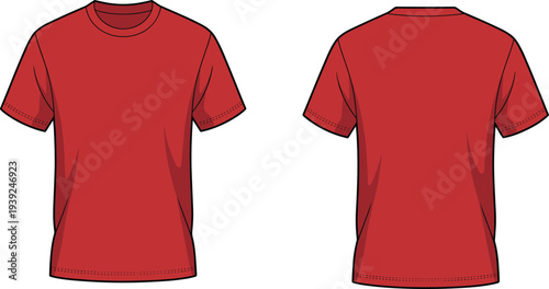 Red Short- Sleeved T- Shirt Front and Back View with Stitching Detail on White Background t-shirt red t-shirt