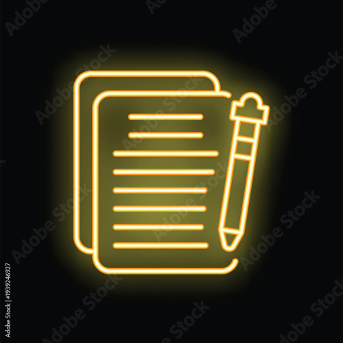 Yellow neon sign showing documents and a pen, ideal for representing writing, editing, or journalism