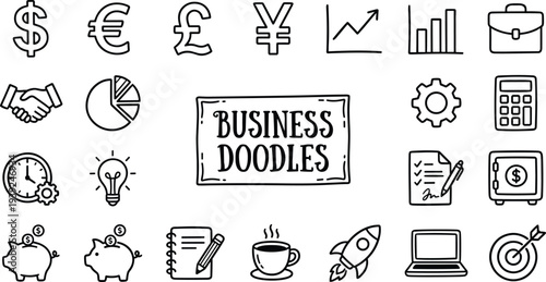 Business doodles and icons including symbols and objects for finance and office