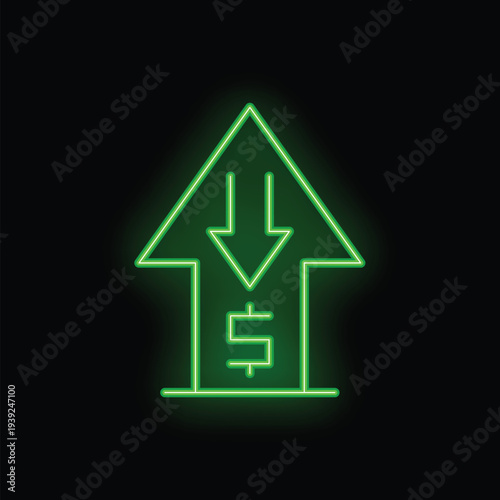 Green neon sign representing an arrow pointing down with a dollar sign inside, symbolizing economic downturn
