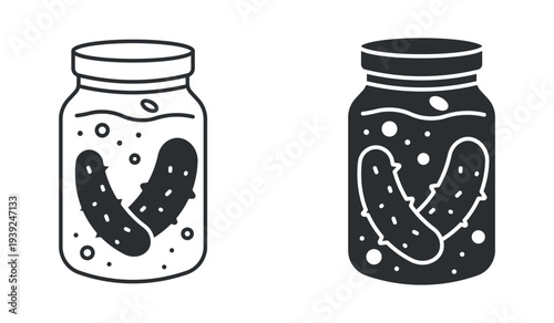 Pickled cucumbers jar preserved food icon set, in outline and solid silhouette style. Vector illustration.