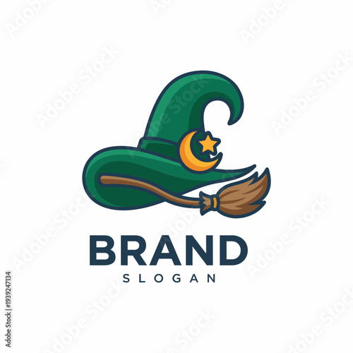 This playful image presents a whimsical green witch hat with a broom and star, accompanied by the text 'BRAND SLOGAN,' perfect for Halloween or whimsical themes.