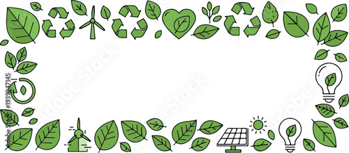 Eco-friendly green leaf border with sustainable energy icons, emphasizing environmental conservation and green living