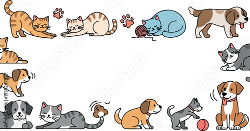 Cute cartoon pets border with playful cats and dogs enjoying their time together with balls and toys, perfect for animal lovers and pet-themed designs