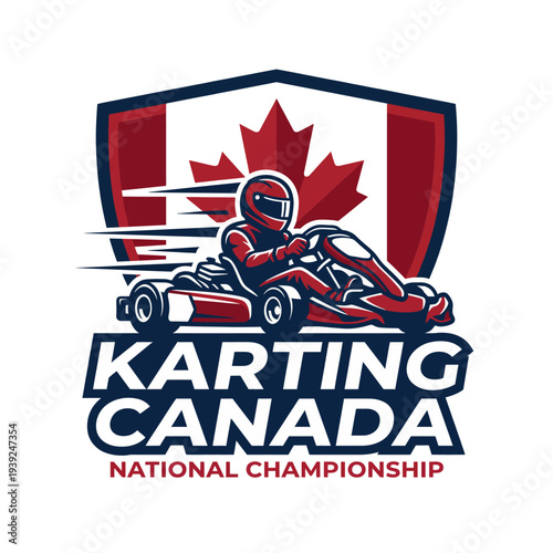 This dynamic image depicts a go-kart racer in action within a shield outline, representing the Karting Canada National Championship, perfect for motorsport branding.