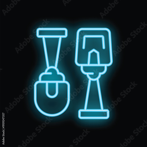 Bright glowing blue neon icon of construction tools, a bucket with sand and a tower crane, on a black background