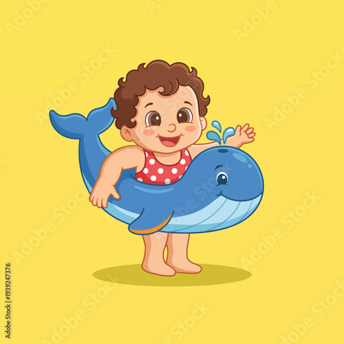 A joyful baby with curly hair is smiling and playing in a colorful whale-shaped pool float, depicting the essence of fun and innocence in summer water activities.