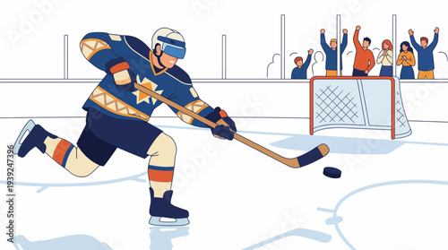 An energetic illustration depicting an ice hockey player in full movement, capturing the excitement and lifestyle of sports fans and athletes in a game atmosphere.