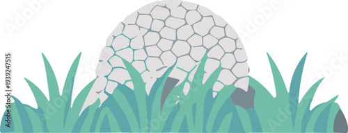Stylized illustration of a grey stone mound covered in a mosaic of hexagonal shapes, partially hidden by green grass on a white background