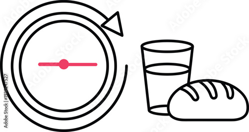 A minimalist line drawing of a clock with a glass of water and a loaf of bread on a for fasting or diet concept