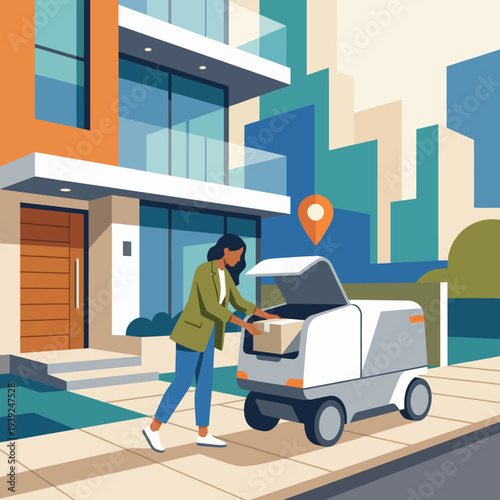 A stylish illustration depicting a delivery service vehicle outside a modern building, emphasizing convenience and efficiency in urban living and contemporary logistics.