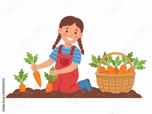 Cheerful girl in a garden picking carrots creates an uplifting scene celebrating childhood, nature, and the joy of gardening, inspiring healthy habits and outdoor exploration.