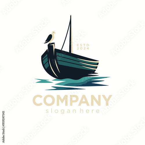 A minimalist logo showcasing a boat with a seagull perched atop, symbolizing maritime themes, exploration, and adventure, perfect for nautical brands or businesses.