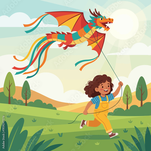 This vibrant illustration depicts a child joyfully flying a colorful dragon kite in an idyllic landscape, capturing the essence of childhood joy and playful imagination.