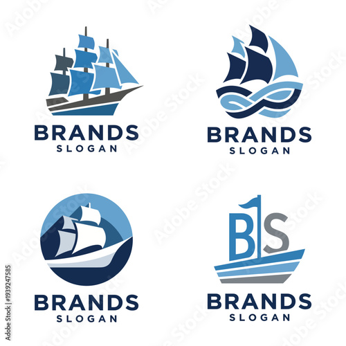 A collection of four maritime-themed logos featuring stylish ships, waves, and slogan options that evoke a sense of adventure and professionalism in branding.
