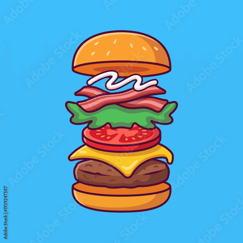 A fun and colorful illustration of a stacked cheeseburger, showcasing layers of ingredients in a playful cartoon style against a bright blue background.