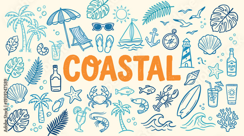 Coastal themed illustration with various beach icons and objects on a light yellow background