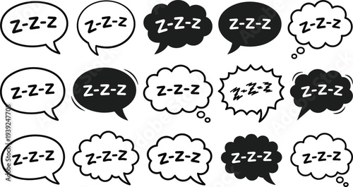 Collection of various black and white speech bubbles with zzz text