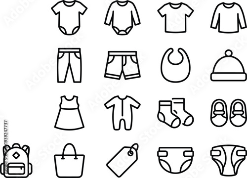 Collection of various baby clothing and accessories icons in line art style