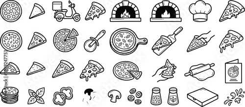 Collection of various pizza and food icons in black and white