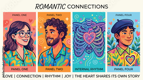 Romantic connections and love relationships with heart rhythm and joyful sharing
