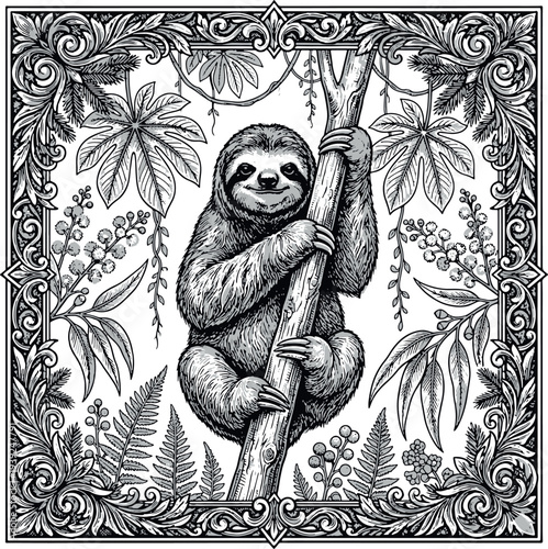 hand drawn vector illustration of sloth in the forest clip art