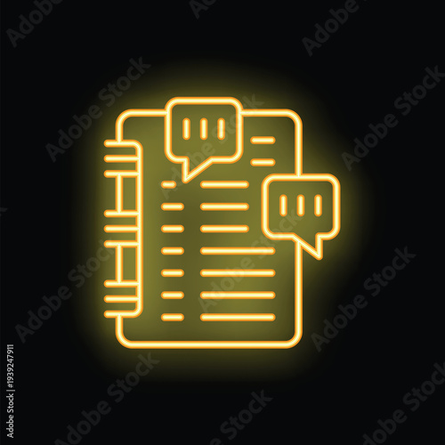 Bright yellow neon icon of a notebook with speech bubbles, representing online communication and social media