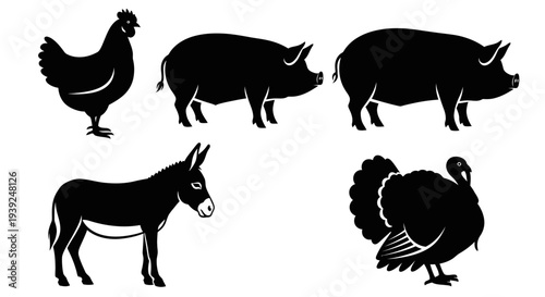Farm Animals Silhouettes Set: Chicken, Pigs, Donkey, and Turkey Icons