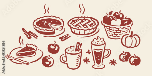 Apple pie autumn dessert set sketch vector illustration